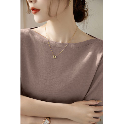 法式一字肩上衣高級感冰絲針織衫T恤女夏季2025新款綠色中袖上衣