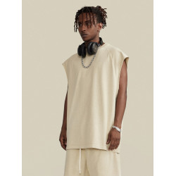 275g重磅美式街頭復古水洗做舊小領口圓領無袖T恤背心打底坎肩男