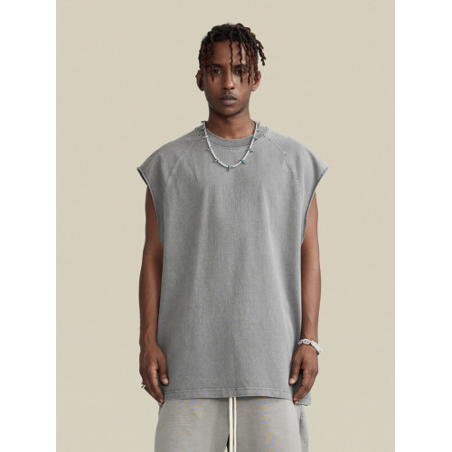 275g重磅美式街頭復古水洗做舊小領口圓領無袖T恤背心打底坎肩男