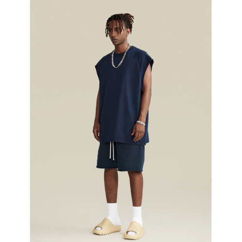 275g重磅美式街頭復古水洗做舊小領口圓領無袖T恤背心打底坎肩男