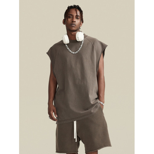 275g重磅美式街頭復古水洗做舊小領口圓領無袖T恤背心打底坎肩男