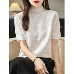 洋氣蝴蝶紋半高領針織短袖女春秋毛衣半袖寬松顯瘦內搭中領打底衫