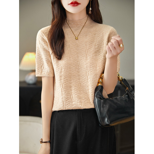 洋氣蝴蝶紋半高領針織短袖女春秋毛衣半袖寬松顯瘦內搭中領打底衫