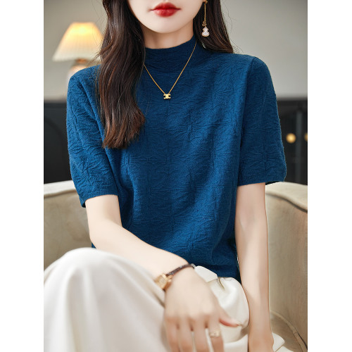 洋氣蝴蝶紋半高領針織短袖女春秋毛衣半袖寬松顯瘦內搭中領打底衫