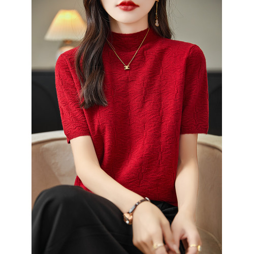 洋氣蝴蝶紋半高領針織短袖女春秋毛衣半袖寬松顯瘦內搭中領打底衫