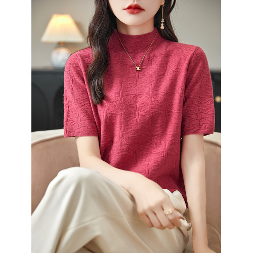 洋氣蝴蝶紋半高領針織短袖女春秋毛衣半袖寬松顯瘦內搭中領打底衫