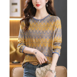 春夏裝圓領套頭條紋針織純棉上衣女長袖短款寬松毛衣打底衫薄外搭