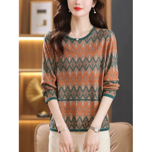 春夏裝圓領套頭條紋針織純棉上衣女長袖短款寬松毛衣打底衫薄外搭