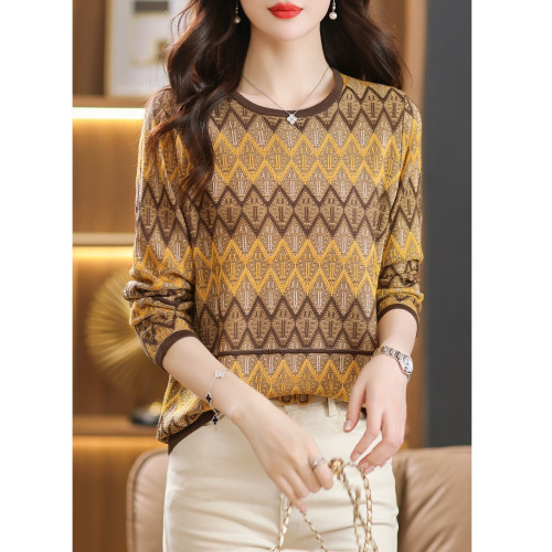 春夏裝圓領套頭條紋針織純棉上衣女長袖短款寬松毛衣打底衫薄外搭