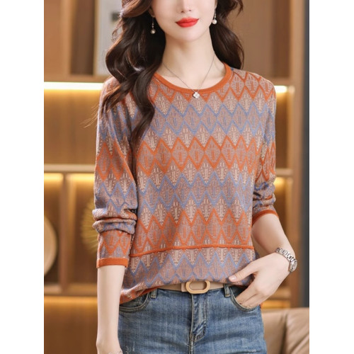 春夏裝圓領套頭條紋針織純棉上衣女長袖短款寬松毛衣打底衫薄外搭