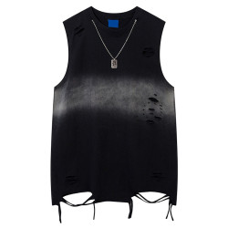 51嘻哈街頭重工紥染漸變無袖T恤夏季美式廢土風破洞坎肩背心男生