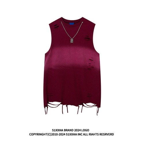 51嘻哈街頭重工紥染漸變無袖T恤夏季美式廢土風破洞坎肩背心男生