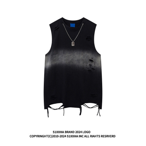 51嘻哈街頭重工紥染漸變無袖T恤夏季美式廢土風破洞坎肩背心男生