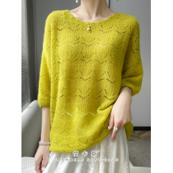 2025春季新款蠶絲羊絨衫女套頭圓領慵懶風軟糯純色鏤空針織打底衫