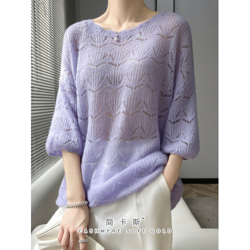 2025春季新款蠶絲羊絨衫女套頭圓領慵懶風軟糯純色鏤空針織打底衫