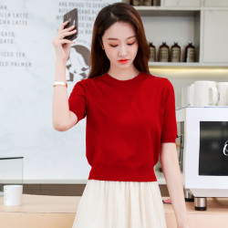 冰絲薄款針織打底衫毛衣2025春夏新款韓版短袖收腰顯瘦修身上衣女