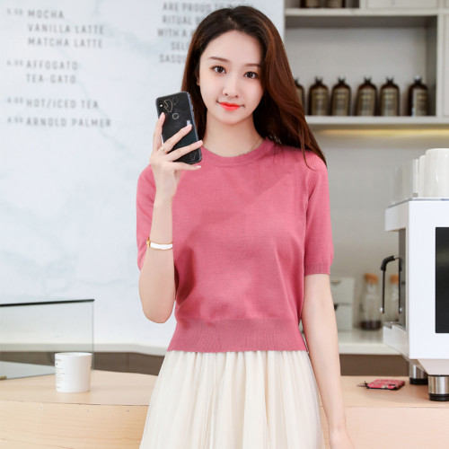 冰絲薄款針織打底衫毛衣2025春夏新款韓版短袖收腰顯瘦修身上衣女