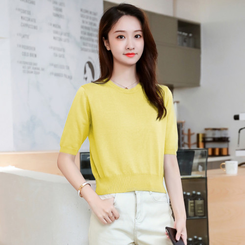 冰絲薄款針織打底衫毛衣2025春夏新款韓版短袖收腰顯瘦修身上衣女