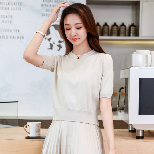 冰絲薄款針織打底衫毛衣2025春夏新款韓版短袖收腰顯瘦修身上衣女