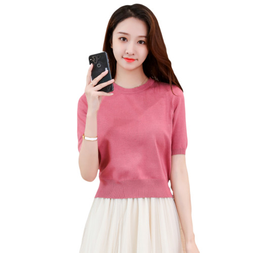 冰絲薄款針織打底衫毛衣2025春夏新款韓版短袖收腰顯瘦修身上衣女