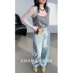 韓系時尚羊毛坑條針織打底衫女25春薄款修身曡穿吊帶背心防曬上衣