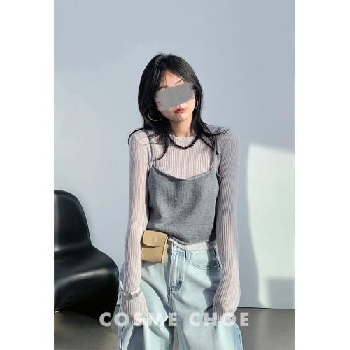韓系時尚羊毛坑條針織打底衫女25春薄款修身曡穿吊帶背心防曬上衣