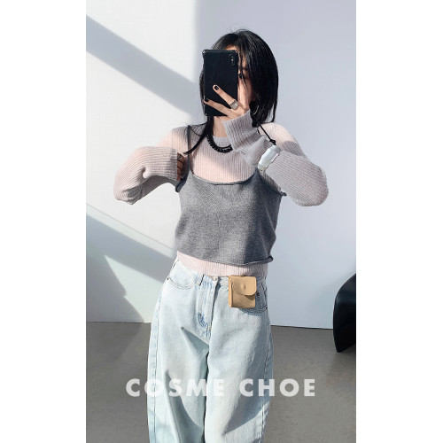 韓系時尚羊毛坑條針織打底衫女25春薄款修身曡穿吊帶背心防曬上衣