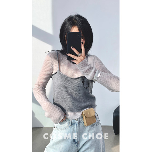 韓系時尚羊毛坑條針織打底衫女25春薄款修身曡穿吊帶背心防曬上衣