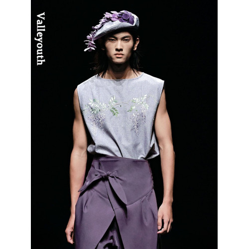 蔓野 紫藤刺綉一字領寬松夏季無袖T恤背心 山穀少年原創設計男裝