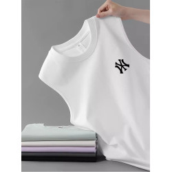 香港潮牌NY夏季男士寬松100%純棉背心運動坎肩背心T恤薄款純色t