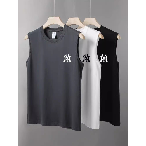 香港潮牌NY夏季男士寬松100%純棉背心運動坎肩背心T恤薄款純色t