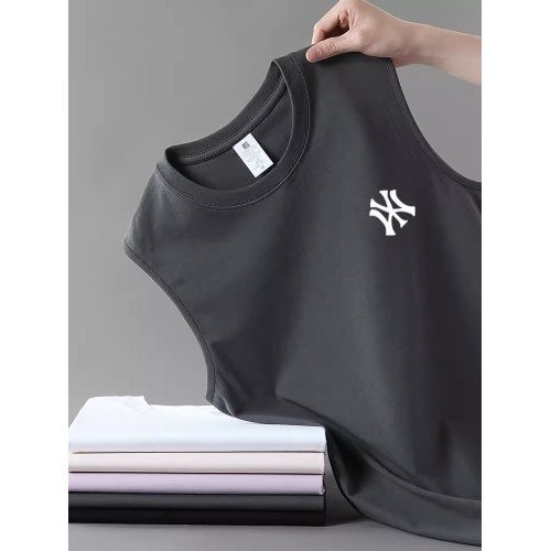 香港潮牌NY夏季男士寬松100%純棉背心運動坎肩背心T恤薄款純色t
