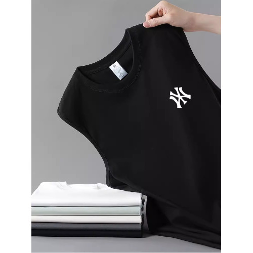 香港潮牌NY夏季男士寬松100%純棉背心運動坎肩背心T恤薄款純色t