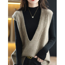 秋季新款針織V領韓版羊絨衫女套頭內搭無袖馬甲毛衣純羊毛打底衫