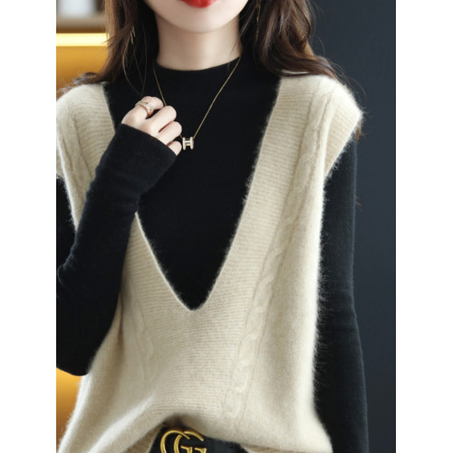 秋季新款針織V領韓版羊絨衫女套頭內搭無袖馬甲毛衣純羊毛打底衫