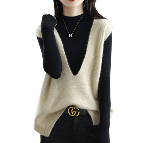 秋季新款針織V領韓版羊絨衫女套頭內搭無袖馬甲毛衣純羊毛打底衫