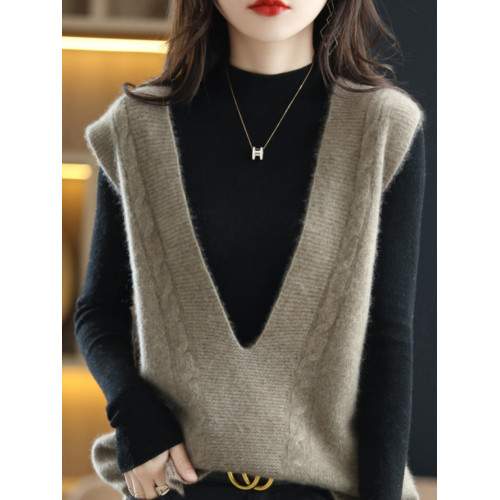 秋季新款針織V領韓版羊絨衫女套頭內搭無袖馬甲毛衣純羊毛打底衫