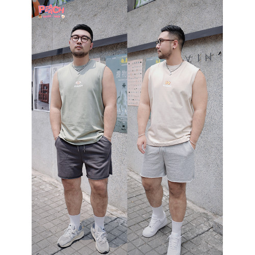 PEAACH日系純棉純色寬松大碼背心男復古美式印花圓領無袖T恤情侶