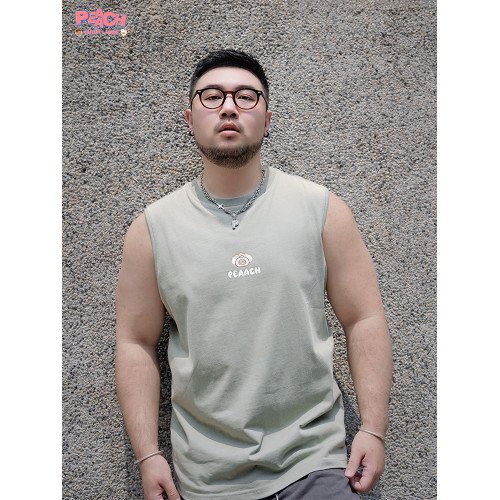 PEAACH日系純棉純色寬松大碼背心男復古美式印花圓領無袖T恤情侶