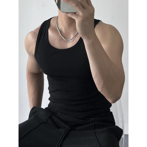 夏季背心粗螺紋健身跨欄運動美式緊身吸汗彈力修身黑色打底上衣男