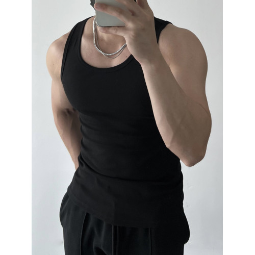 夏季背心粗螺紋健身跨欄運動美式緊身吸汗彈力修身黑色打底上衣男