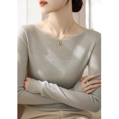 淺灰色針織打底衫女裝秋季2025新款大碼高級感內搭毛衣一字肩上衣