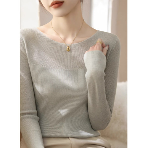 淺灰色針織打底衫女裝秋季2025新款大碼高級感內搭毛衣一字肩上衣