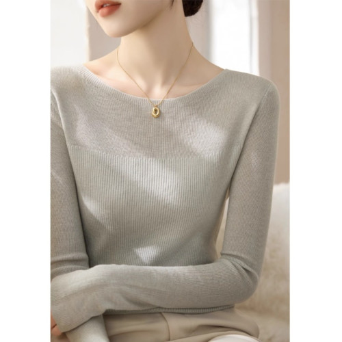 淺灰色針織打底衫女裝秋季2025新款大碼高級感內搭毛衣一字肩上衣