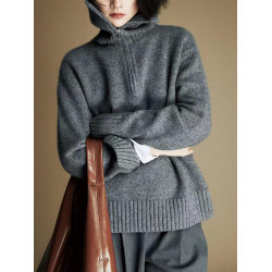 半拉鍊翻高領套頭羊絨毛衣女秋冬新款保暖加厚純色羊毛針織打底衫