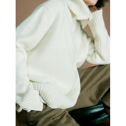 半拉鍊翻高領套頭羊絨毛衣女秋冬新款保暖加厚純色羊毛針織打底衫