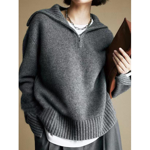 半拉鍊翻高領套頭羊絨毛衣女秋冬新款保暖加厚純色羊毛針織打底衫