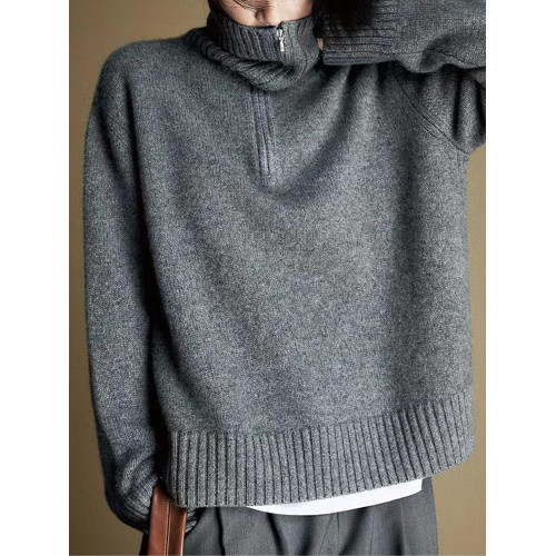 半拉鍊翻高領套頭羊絨毛衣女秋冬新款保暖加厚純色羊毛針織打底衫