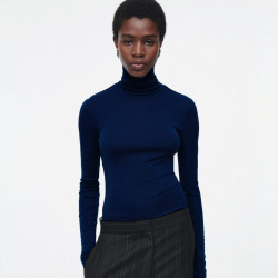 美利奴羊毛高級高領針織打底衫女秋冬別致毛衣內搭堆堆領藍色