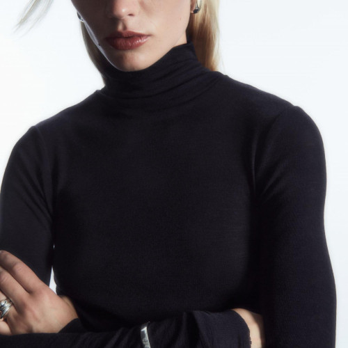 美利奴羊毛高級高領針織打底衫女秋冬別致毛衣內搭堆堆領藍色